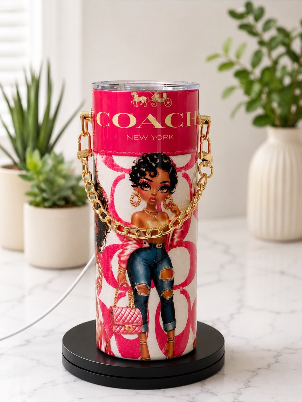 Pink Graphic Travel Tumbler with Gold Chain Detail